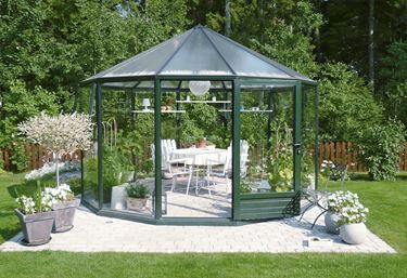 12-kantede Rondo drivhus/lysthus, giver et let og luftigt indtryk.