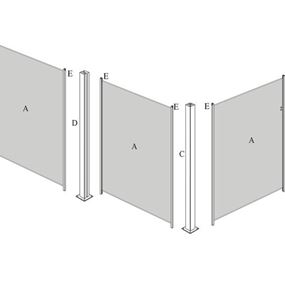 A. Klart glas/ matteret glas B. Endestolpe C. Hjørnestolpe D. Mellemstolpe E. Glas fæste antracitgrå eller sølvlakeret